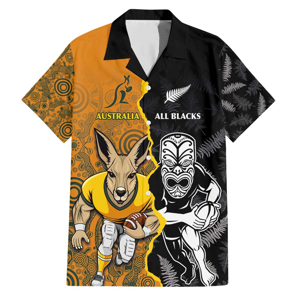 Custom New Zealand and Australia Rugby Championship 2024 Family Matching Mermaid Dress and Hawaiian Shirt Maori Warrior and Kangaroo Mascot with Fern Aboriginal LT03 Dad's Shirt - Short Sleeve Black - Polynesian Pride