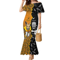 Custom New Zealand and Australia Rugby Championship 2024 Family Matching Mermaid Dress and Hawaiian Shirt Maori Warrior and Kangaroo Mascot with Fern Aboriginal LT03 Mom's Dress Black - Polynesian Pride