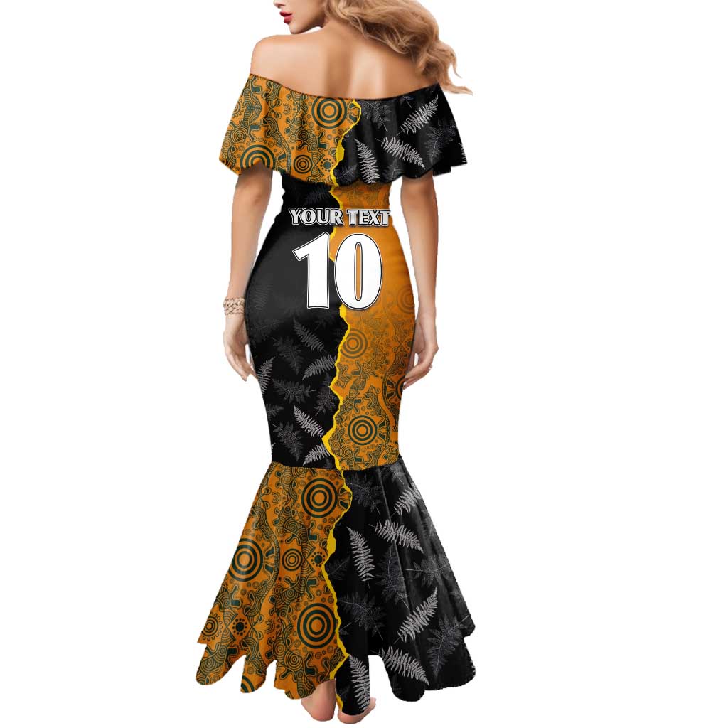 Custom New Zealand and Australia Rugby Championship 2024 Family Matching Mermaid Dress and Hawaiian Shirt Maori Warrior and Kangaroo Mascot with Fern Aboriginal LT03 - Polynesian Pride