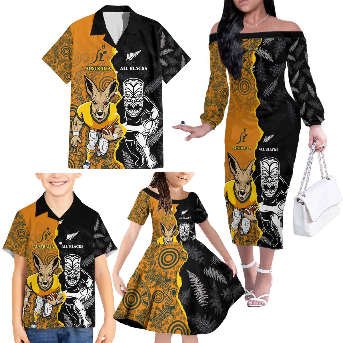 Custom New Zealand and Australia Rugby Championship 2024 Family Matching Off The Shoulder Long Sleeve Dress and Hawaiian Shirt Maori Warrior and Kangaroo Mascot with Fern Aboriginal LT03 - Polynesian Pride