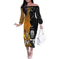 Custom New Zealand and Australia Rugby Championship 2024 Family Matching Off The Shoulder Long Sleeve Dress and Hawaiian Shirt Maori Warrior and Kangaroo Mascot with Fern Aboriginal LT03 Mom's Dress Black - Polynesian Pride