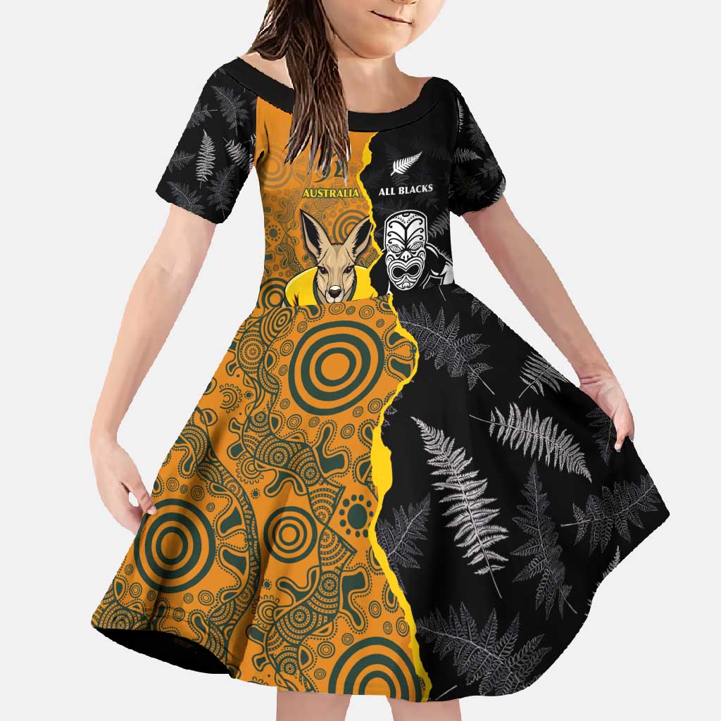 Custom New Zealand and Australia Rugby Championship 2024 Family Matching Off Shoulder Maxi Dress and Hawaiian Shirt Maori Warrior and Kangaroo Mascot with Fern Aboriginal LT03 Daughter's Dress Black - Polynesian Pride