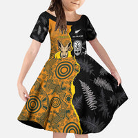 Custom New Zealand and Australia Rugby Championship 2024 Family Matching Off Shoulder Maxi Dress and Hawaiian Shirt Maori Warrior and Kangaroo Mascot with Fern Aboriginal LT03 Daughter's Dress Black - Polynesian Pride