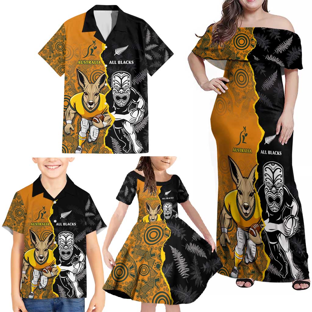 Custom New Zealand and Australia Rugby Championship 2024 Family Matching Off Shoulder Maxi Dress and Hawaiian Shirt Maori Warrior and Kangaroo Mascot with Fern Aboriginal LT03 - Polynesian Pride