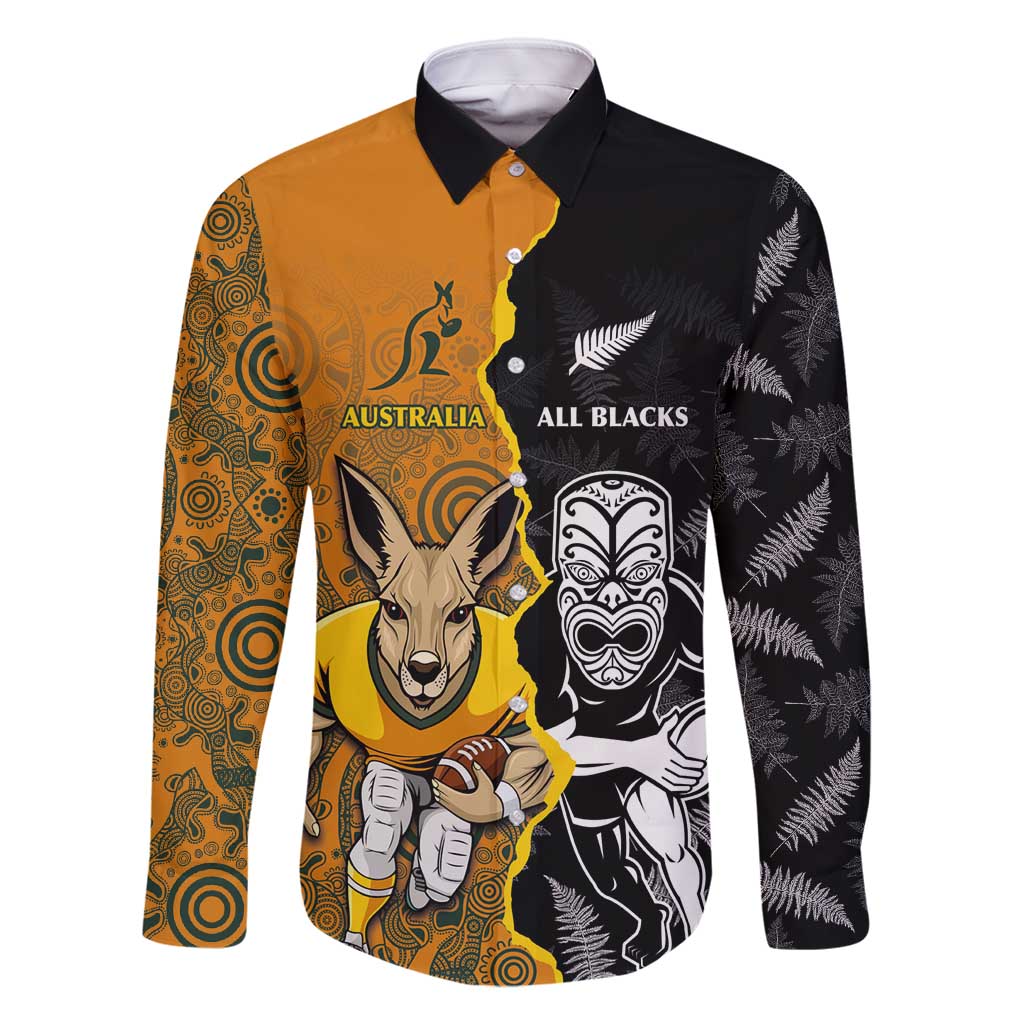 Custom New Zealand and Australia Rugby Championship 2024 Family Matching Off Shoulder Maxi Dress and Hawaiian Shirt Maori Warrior and Kangaroo Mascot with Fern Aboriginal LT03 Dad's Shirt - Long Sleeve Black - Polynesian Pride