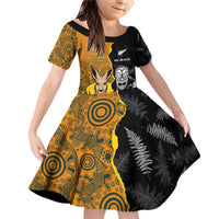 Custom New Zealand and Australia Rugby Championship 2024 Family Matching Off Shoulder Short Dress and Hawaiian Shirt Maori Warrior and Kangaroo Mascot with Fern Aboriginal LT03 Daughter's Dress Black - Polynesian Pride