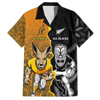 Custom New Zealand and Australia Rugby Championship 2024 Family Matching Off Shoulder Short Dress and Hawaiian Shirt Maori Warrior and Kangaroo Mascot with Fern Aboriginal LT03 Dad's Shirt - Short Sleeve Black - Polynesian Pride