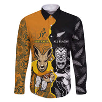 Custom New Zealand and Australia Rugby Championship 2024 Family Matching Off Shoulder Short Dress and Hawaiian Shirt Maori Warrior and Kangaroo Mascot with Fern Aboriginal LT03 Dad's Shirt - Long Sleeve Black - Polynesian Pride