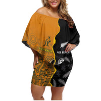 Custom New Zealand and Australia Rugby Championship 2024 Family Matching Off Shoulder Short Dress and Hawaiian Shirt Maori Warrior and Kangaroo Mascot with Fern Aboriginal LT03 Mom's Dress Black - Polynesian Pride