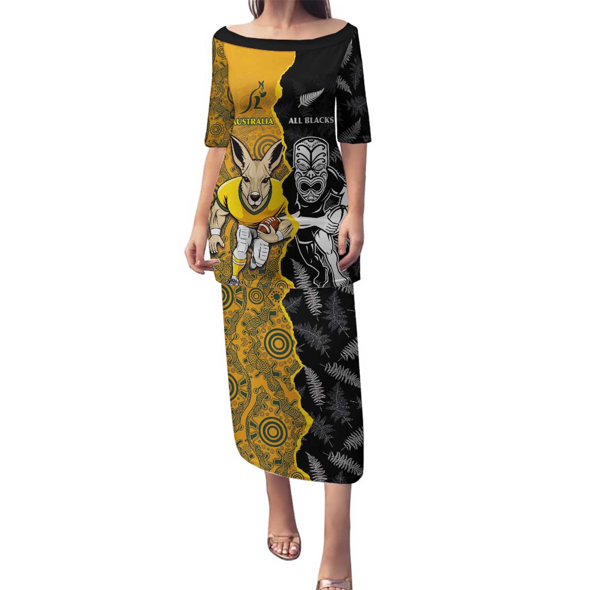 Custom New Zealand and Australia Rugby Championship 2024 Family Matching Puletasi and Hawaiian Shirt Maori Warrior and Kangaroo Mascot with Fern Aboriginal LT03 Mom's Dress Black - Polynesian Pride