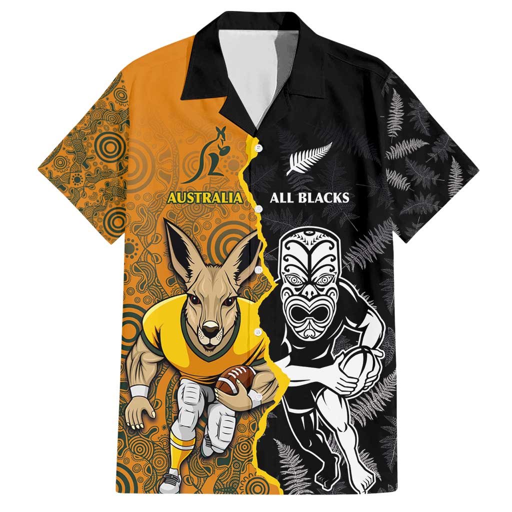Custom New Zealand and Australia Rugby Championship 2024 Family Matching Short Sleeve Bodycon Dress and Hawaiian Shirt Maori Warrior and Kangaroo Mascot with Fern Aboriginal LT03 Dad's Shirt - Short Sleeve Black - Polynesian Pride