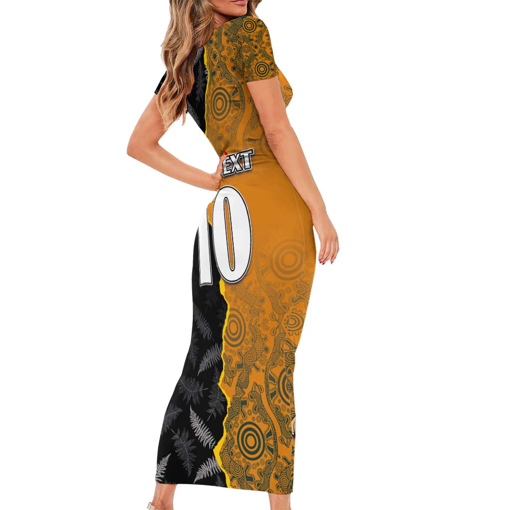 Custom New Zealand and Australia Rugby Championship 2024 Family Matching Short Sleeve Bodycon Dress and Hawaiian Shirt Maori Warrior and Kangaroo Mascot with Fern Aboriginal LT03 - Polynesian Pride