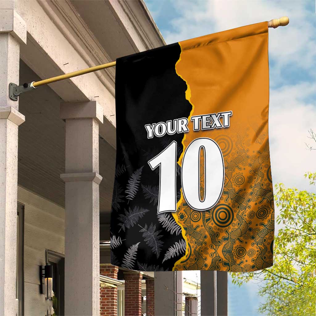 Custom New Zealand and Australia Rugby Championship 2024 Garden Flag Maori Warrior and Kangaroo Mascot with Fern Aboriginal LT03 House Flag Black - Polynesian Pride
