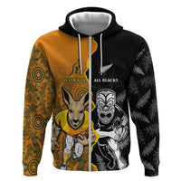 Custom New Zealand and Australia Rugby Championship 2024 Hoodie Maori Warrior and Kangaroo Mascot with Fern Aboriginal LT03 Zip Hoodie Black - Polynesian Pride