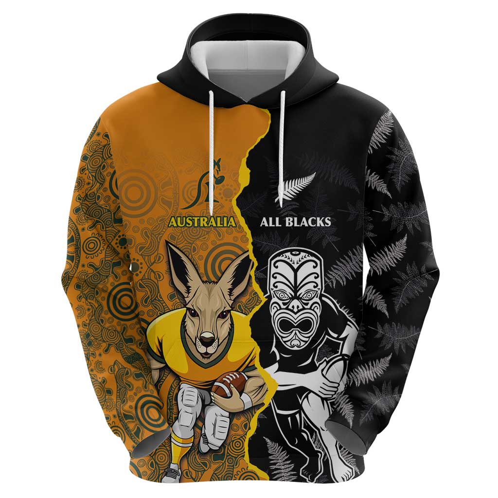 Custom New Zealand and Australia Rugby Championship 2024 Hoodie Maori Warrior and Kangaroo Mascot with Fern Aboriginal LT03 - Polynesian Pride