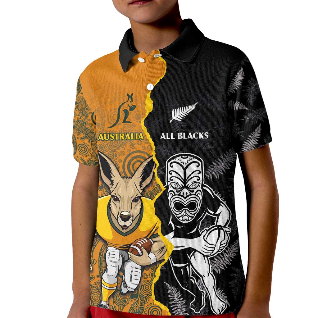 Custom New Zealand and Australia Rugby Championship 2024 Kid Polo Shirt Maori Warrior and Kangaroo Mascot with Fern Aboriginal LT03 Kid Black - Polynesian Pride