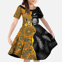 Custom New Zealand and Australia Rugby Championship 2024 Kid Short Sleeve Dress Maori Warrior and Kangaroo Mascot with Fern Aboriginal LT03 KID Black - Polynesian Pride