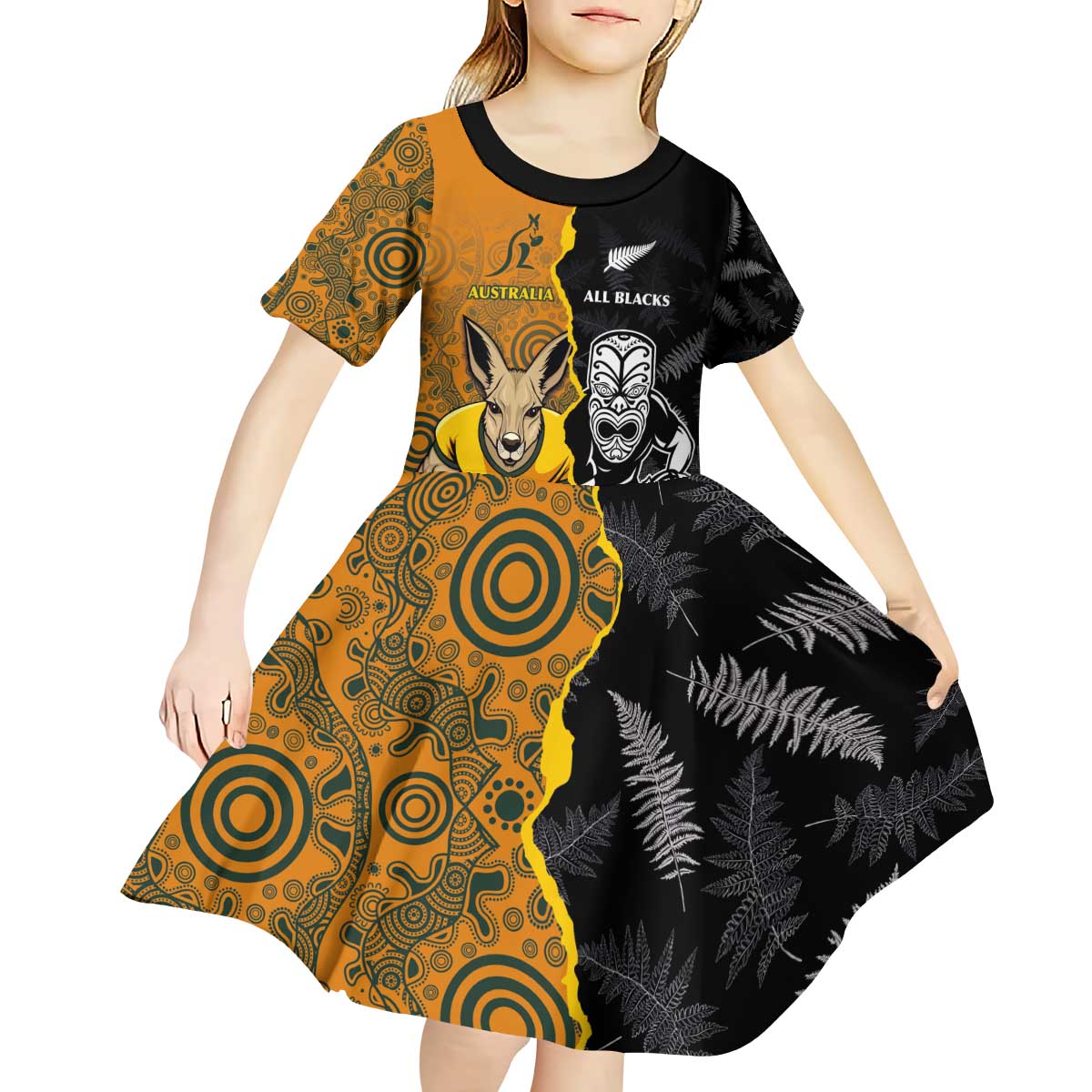 Custom New Zealand and Australia Rugby Championship 2024 Kid Short Sleeve Dress Maori Warrior and Kangaroo Mascot with Fern Aboriginal LT03 - Polynesian Pride