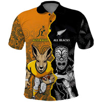 Custom New Zealand and Australia Rugby Championship 2024 Polo Shirt Maori Warrior and Kangaroo Mascot with Fern Aboriginal LT03 Black - Polynesian Pride