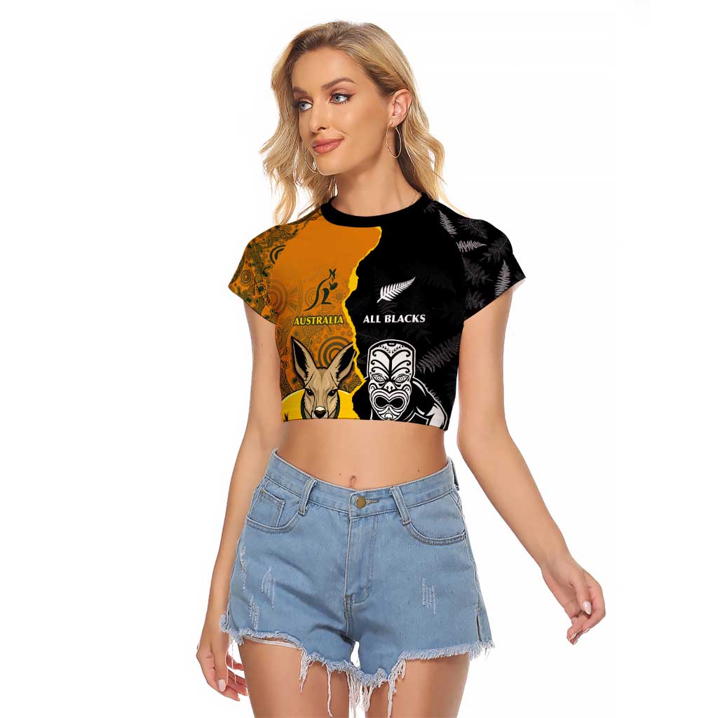 Custom New Zealand and Australia Rugby Championship 2024 Raglan Cropped T Shirt Maori Warrior and Kangaroo Mascot with Fern Aboriginal LT03 Female Black - Polynesian Pride