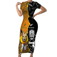Custom New Zealand and Australia Rugby Championship 2024 Short Sleeve Bodycon Dress Maori Warrior and Kangaroo Mascot with Fern Aboriginal LT03 Long Dress Black - Polynesian Pride