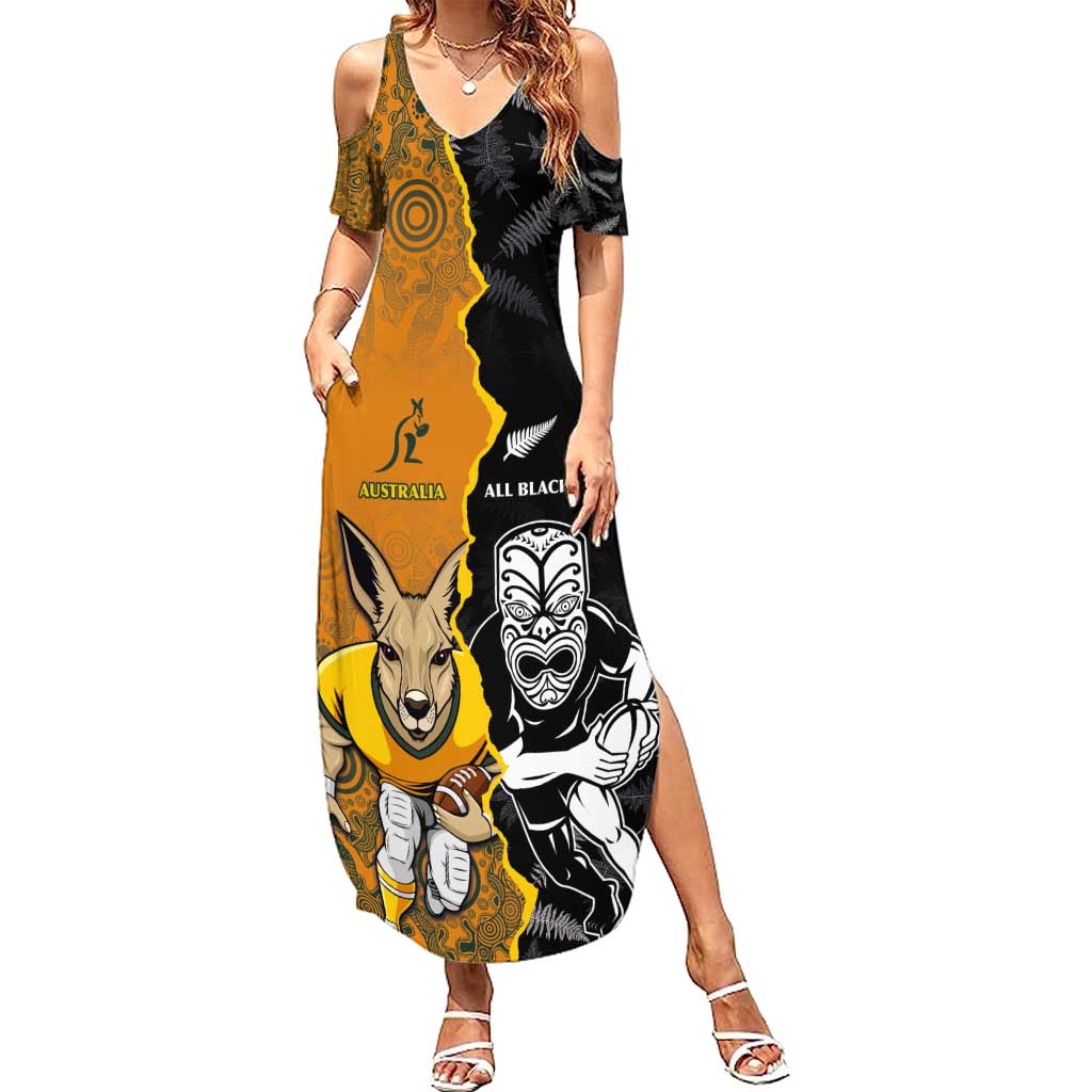 Custom New Zealand and Australia Rugby Championship 2024 Summer Maxi Dress Maori Warrior and Kangaroo Mascot with Fern Aboriginal LT03 Women Black - Polynesian Pride