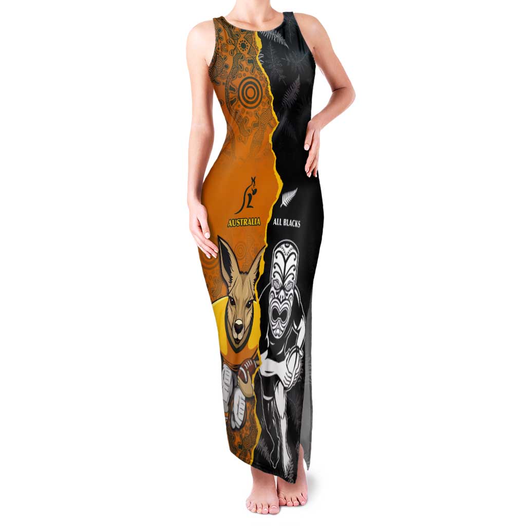 Custom New Zealand and Australia Rugby Championship 2024 Tank Maxi Dress Maori Warrior and Kangaroo Mascot with Fern Aboriginal LT03 Women Black - Polynesian Pride
