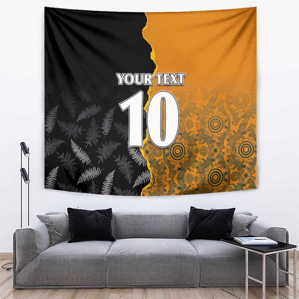 Custom New Zealand and Australia Rugby Championship 2024 Tapestry Maori Warrior and Kangaroo Mascot with Fern Aboriginal LT03 Black - Polynesian Pride