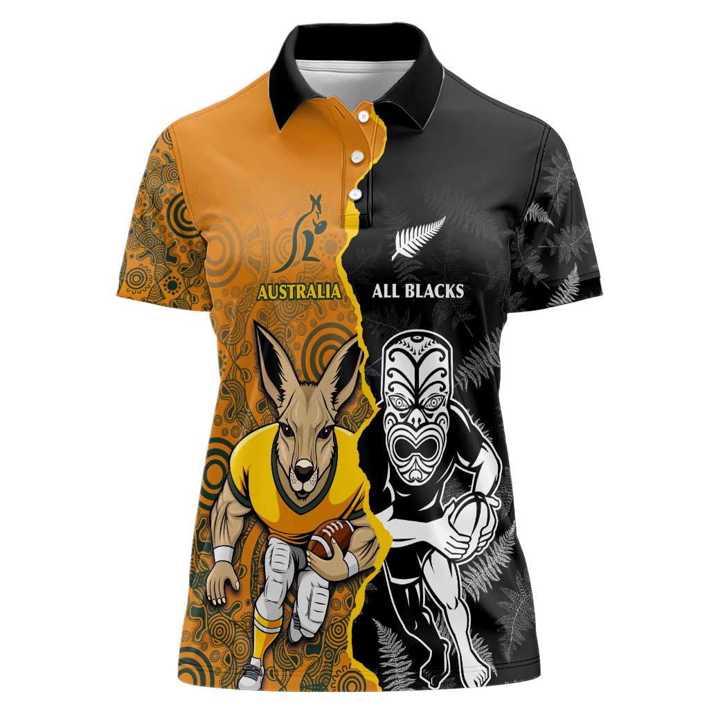 Custom New Zealand and Australia Rugby Championship 2024 Women Polo Shirt Maori Warrior and Kangaroo Mascot with Fern Aboriginal LT03 Female Black - Polynesian Pride
