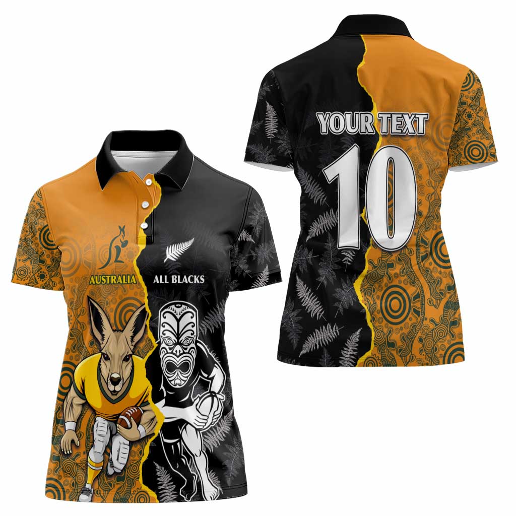 Custom New Zealand and Australia Rugby Championship 2024 Women Polo Shirt Maori Warrior and Kangaroo Mascot with Fern Aboriginal LT03 - Polynesian Pride