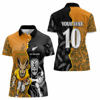 Custom New Zealand and Australia Rugby Championship 2024 Women Polo Shirt Maori Warrior and Kangaroo Mascot with Fern Aboriginal LT03 - Polynesian Pride