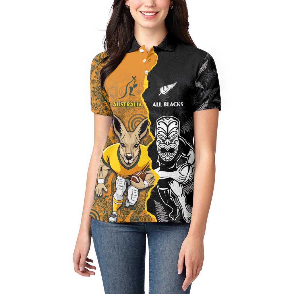 Custom New Zealand and Australia Rugby Championship 2024 Women Polo Shirt Maori Warrior and Kangaroo Mascot with Fern Aboriginal LT03 - Polynesian Pride
