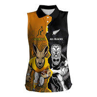 Custom New Zealand and Australia Rugby Championship 2024 Women Sleeveless Polo Shirt Maori Warrior and Kangaroo Mascot with Fern Aboriginal LT03 Female Black - Polynesian Pride