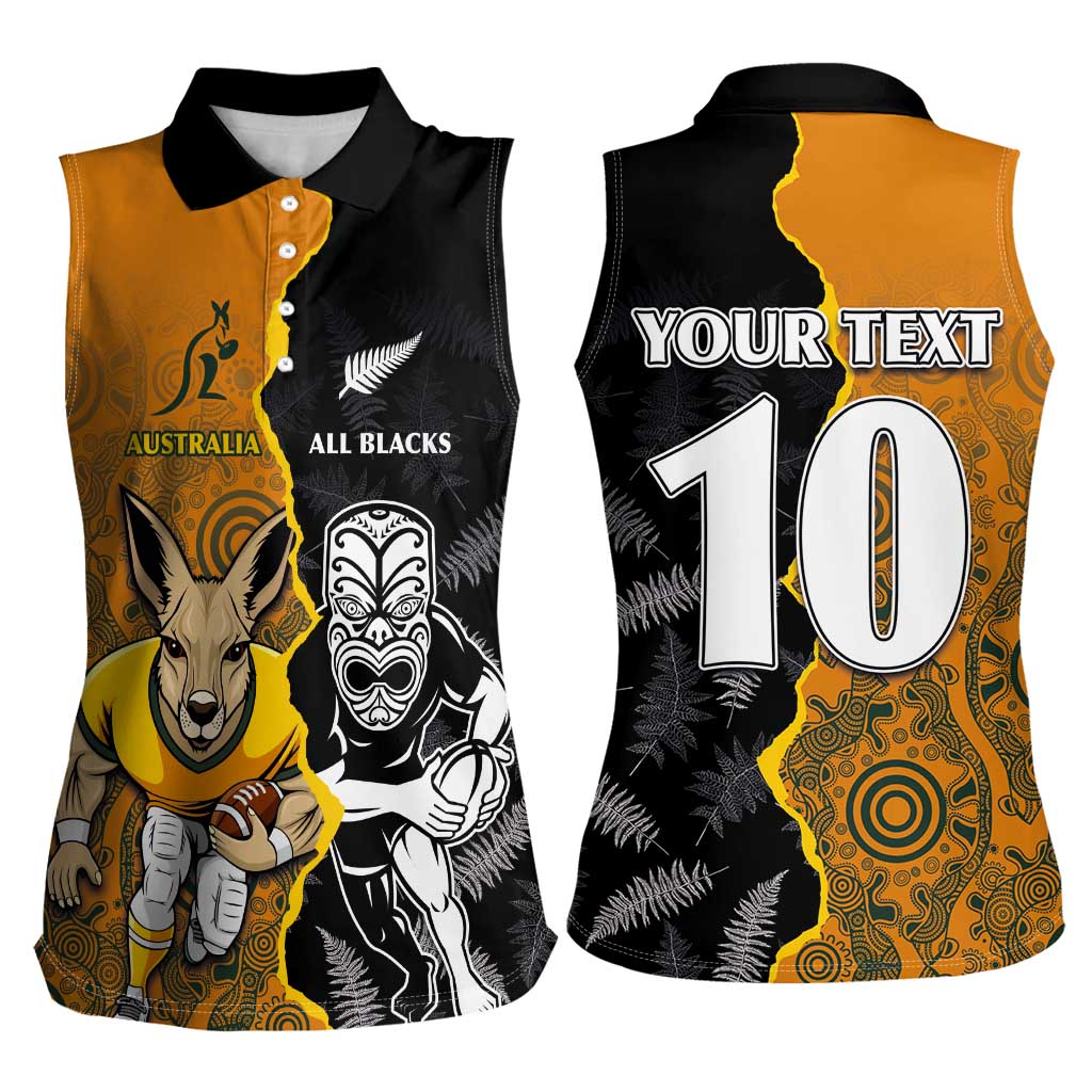 Custom New Zealand and Australia Rugby Championship 2024 Women Sleeveless Polo Shirt Maori Warrior and Kangaroo Mascot with Fern Aboriginal LT03 - Polynesian Pride
