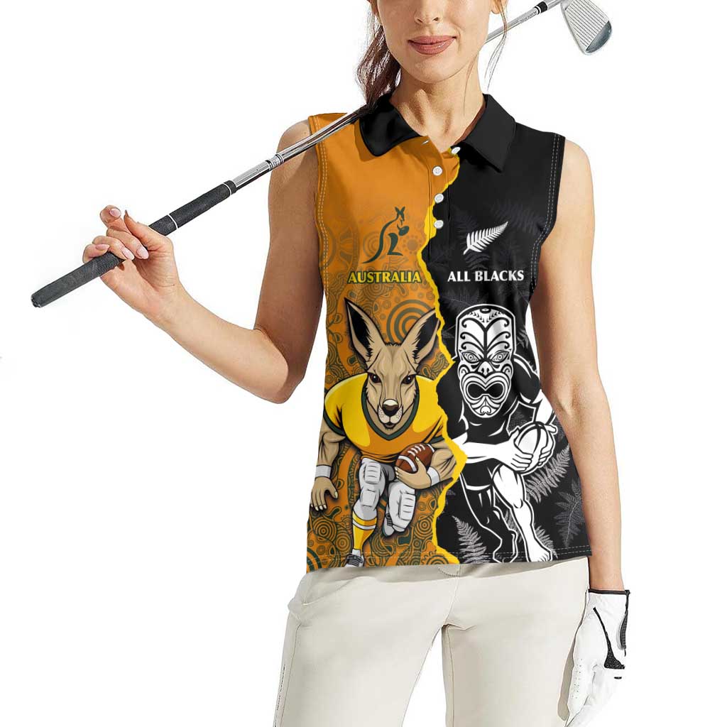 Custom New Zealand and Australia Rugby Championship 2024 Women Sleeveless Polo Shirt Maori Warrior and Kangaroo Mascot with Fern Aboriginal LT03 - Polynesian Pride