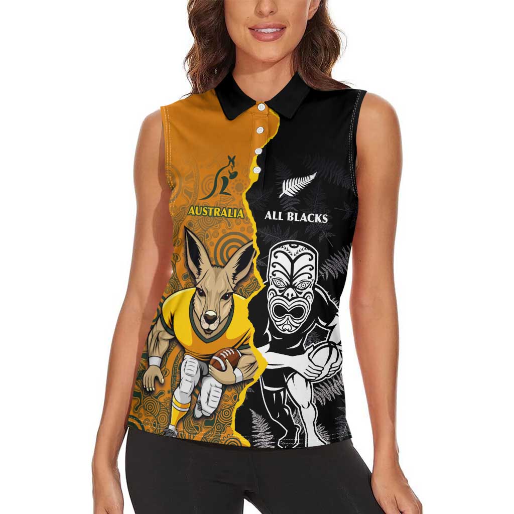 Custom New Zealand and Australia Rugby Championship 2024 Women Sleeveless Polo Shirt Maori Warrior and Kangaroo Mascot with Fern Aboriginal LT03 - Polynesian Pride