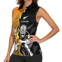 Custom New Zealand and Australia Rugby Championship 2024 Women Sleeveless Polo Shirt Maori Warrior and Kangaroo Mascot with Fern Aboriginal LT03 - Polynesian Pride