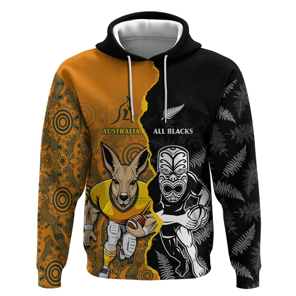 Custom New Zealand and Australia Rugby Championship 2024 Zip Hoodie Maori Warrior and Kangaroo Mascot with Fern Aboriginal
