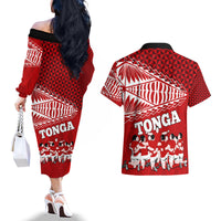 Tonga Rugby Couples Matching Off The Shoulder Long Sleeve Dress and Hawaiian Shirt Sipi Tau Dance Ngatu Pattern LT03 - Polynesian Pride