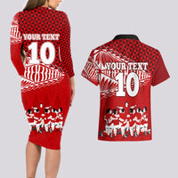 Personalised Tonga Rugby Couples Matching Long Sleeve Bodycon Dress and Hawaiian Shirt Sipi Tau Dance Ngatu Pattern LT03 - Polynesian Pride