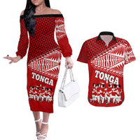 Personalised Tonga Rugby Couples Matching Off The Shoulder Long Sleeve Dress and Hawaiian Shirt Sipi Tau Dance Ngatu Pattern LT03 Red - Polynesian Pride