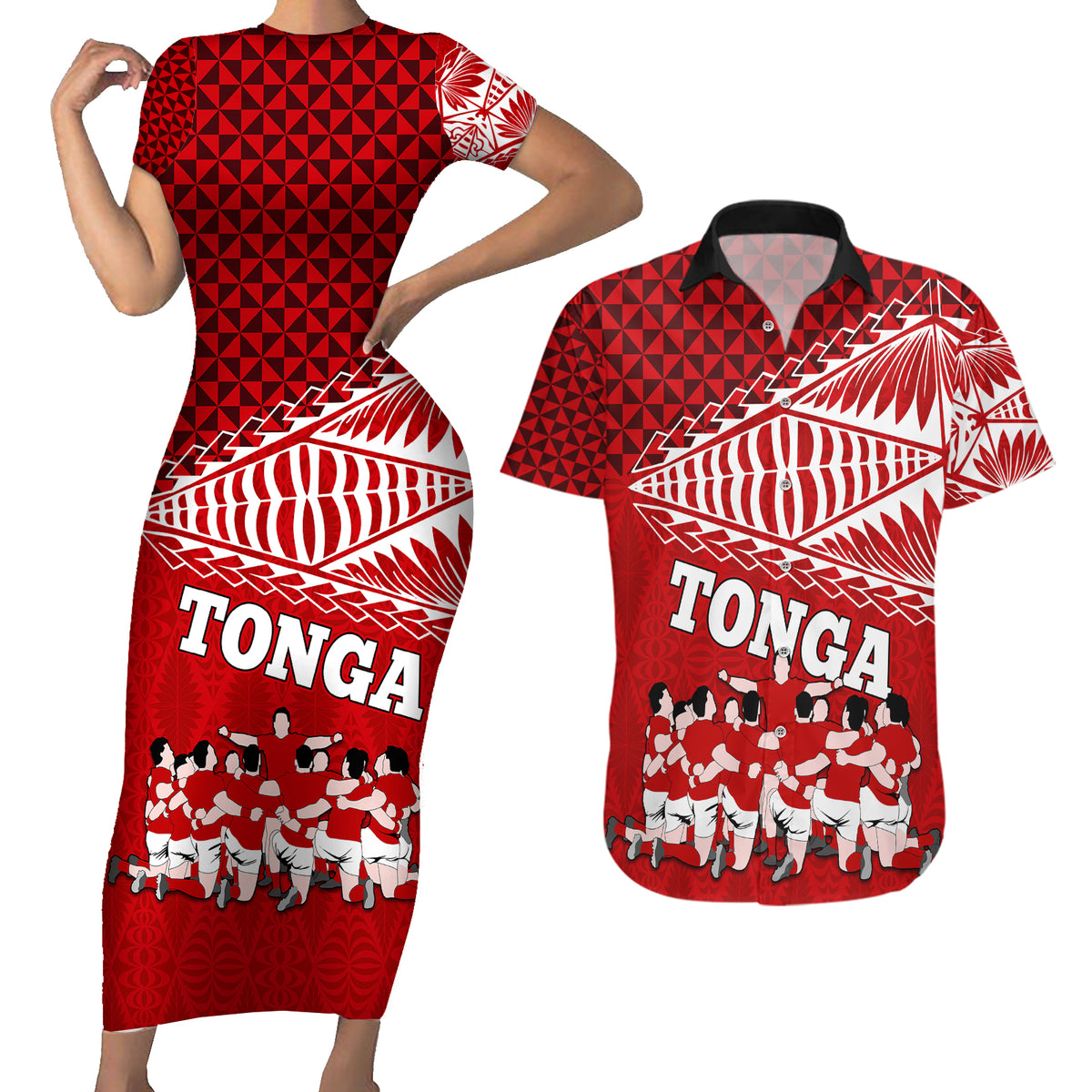 Personalised Tonga Rugby Couples Matching Short Sleeve Bodycon Dress and Hawaiian Shirt Sipi Tau Dance Ngatu Pattern LT03 Red - Polynesian Pride