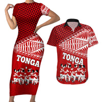Personalised Tonga Rugby Couples Matching Short Sleeve Bodycon Dress and Hawaiian Shirt Sipi Tau Dance Ngatu Pattern LT03 Red - Polynesian Pride