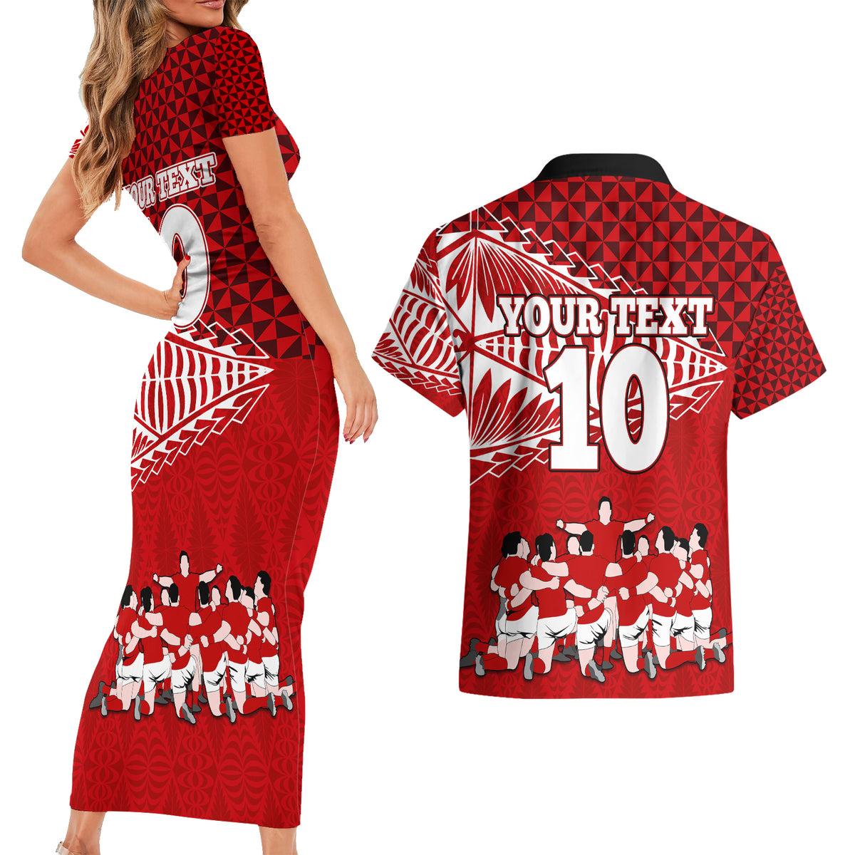 Personalised Tonga Rugby Couples Matching Short Sleeve Bodycon Dress and Hawaiian Shirt Sipi Tau Dance Ngatu Pattern LT03 - Polynesian Pride