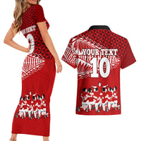 Personalised Tonga Rugby Couples Matching Short Sleeve Bodycon Dress and Hawaiian Shirt Sipi Tau Dance Ngatu Pattern LT03 - Polynesian Pride