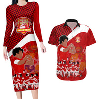 Tonga Rugby Couples Matching Long Sleeve Bodycon Dress and Hawaiian Shirt Sipi Tau Dance Coat of Arms Ngatu Pattern LT03 Red - Polynesian Pride