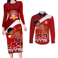 Tonga Rugby Couples Matching Long Sleeve Bodycon Dress and Long Sleeve Button Shirts Sipi Tau Dance Coat of Arms Ngatu Pattern LT03 Red - Polynesian Pride