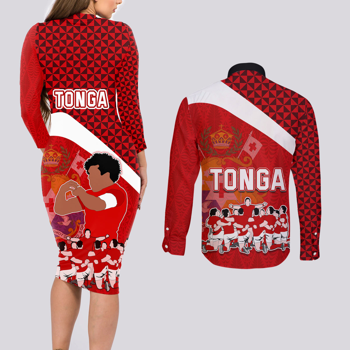 Tonga Rugby Couples Matching Long Sleeve Bodycon Dress and Long Sleeve Button Shirts Sipi Tau Dance Coat of Arms Ngatu Pattern LT03 - Polynesian Pride