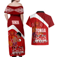 Tonga Rugby Couples Matching Off Shoulder Maxi Dress and Hawaiian Shirt Sipi Tau Dance Coat of Arms Ngatu Pattern LT03 - Polynesian Pride