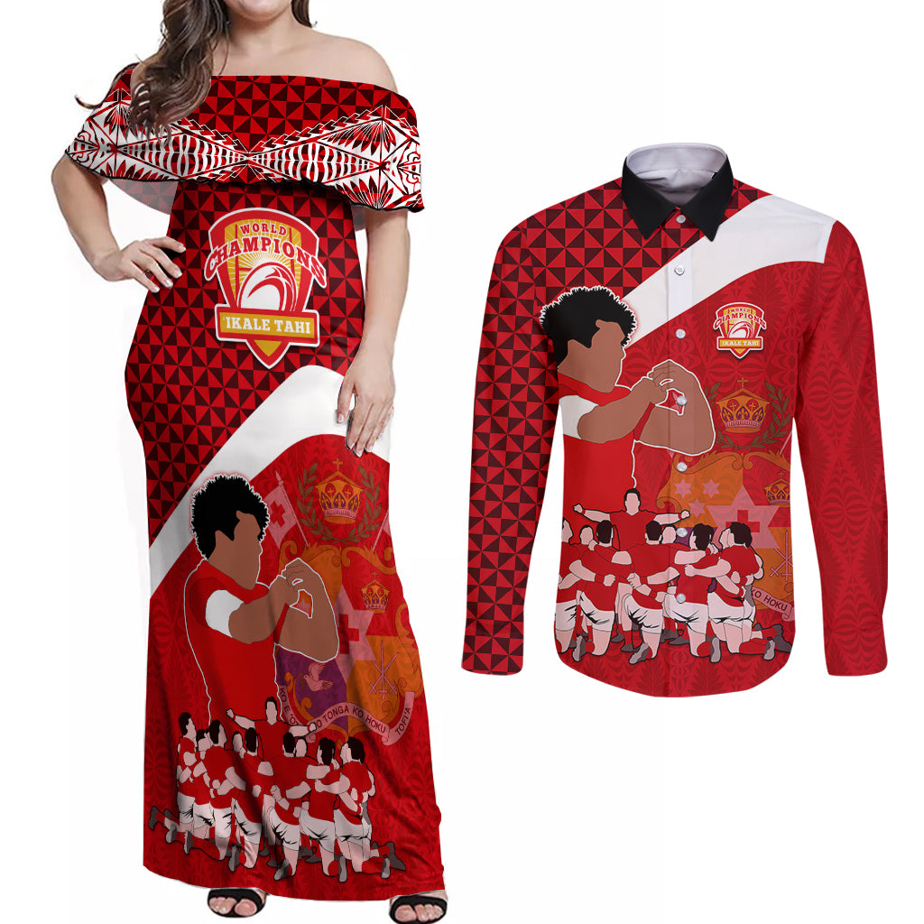 Tonga Rugby Couples Matching Off Shoulder Maxi Dress and Long Sleeve Button Shirts Sipi Tau Dance Coat of Arms Ngatu Pattern LT03 Red - Polynesian Pride